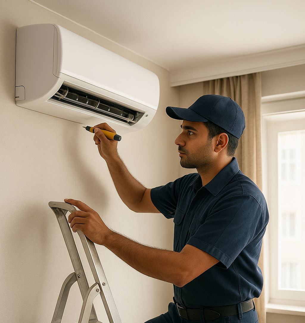 AC Technician servicing an air conditioner